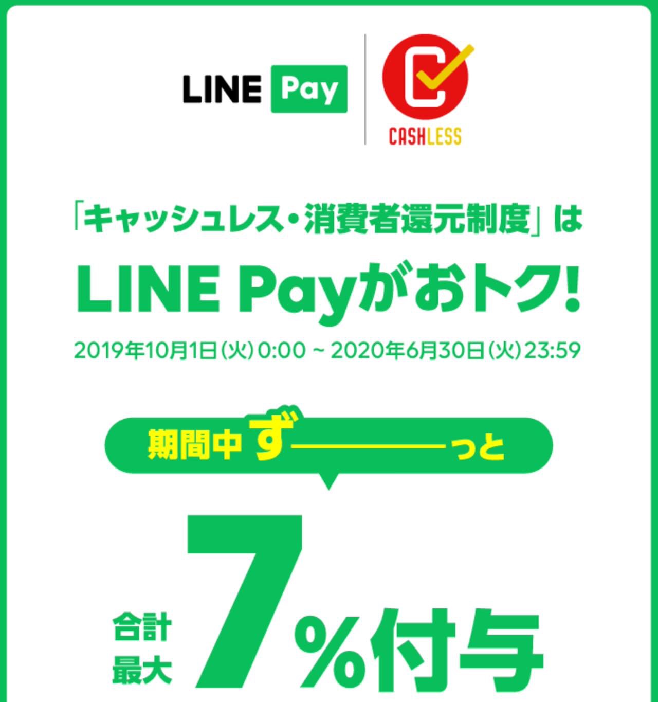 「LINE Pay」キャッシュレス・消費者還元制度は最大7%還元（10/1から）